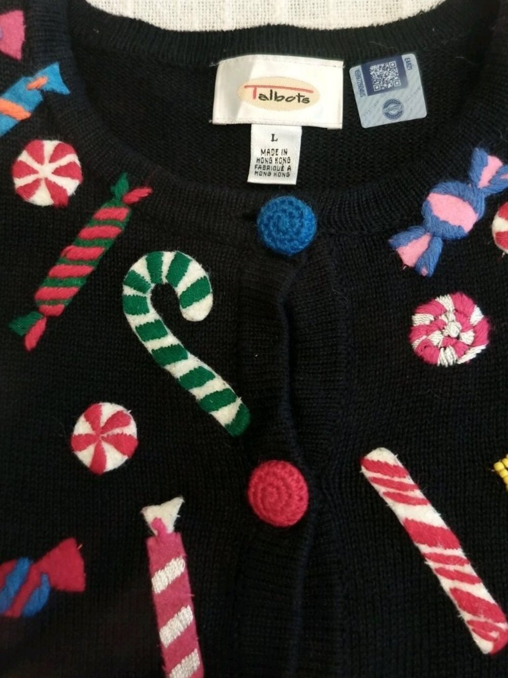 Vintage Talbots Hand Knit Christmas Holiday Sweater Cardigan Candy Canes Size L - Picture 5 of 15